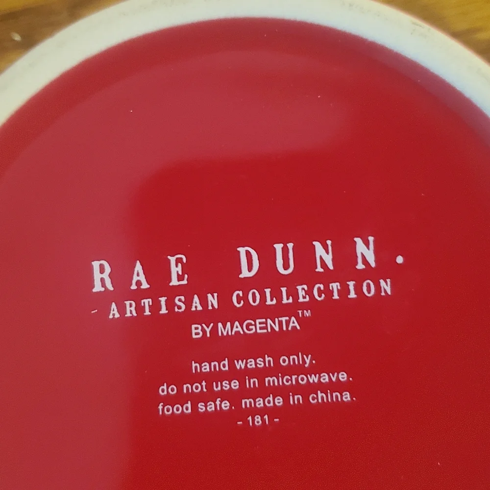 Rae Dunn meowy and bright red pet dishes